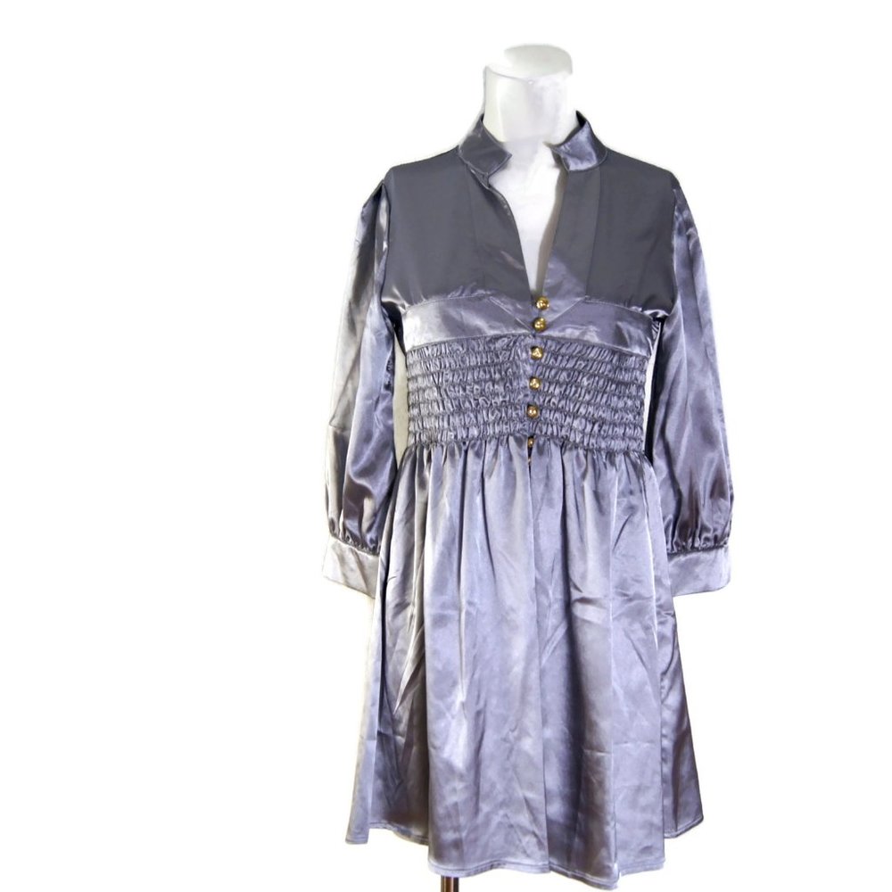 Uno Core Metallic Satin Tunic Top Short Dress Gray/Silver Gold-Tone Buttons
